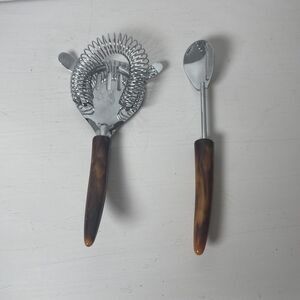 MCM Parker Gaines Stainless Cocktail Strainer & Spoon w/ Marbled Bakelite Handle